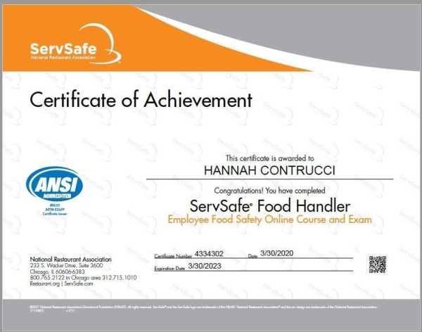 ServSafe Food Handler Certificate Hannah Contrucci MS RDN LD